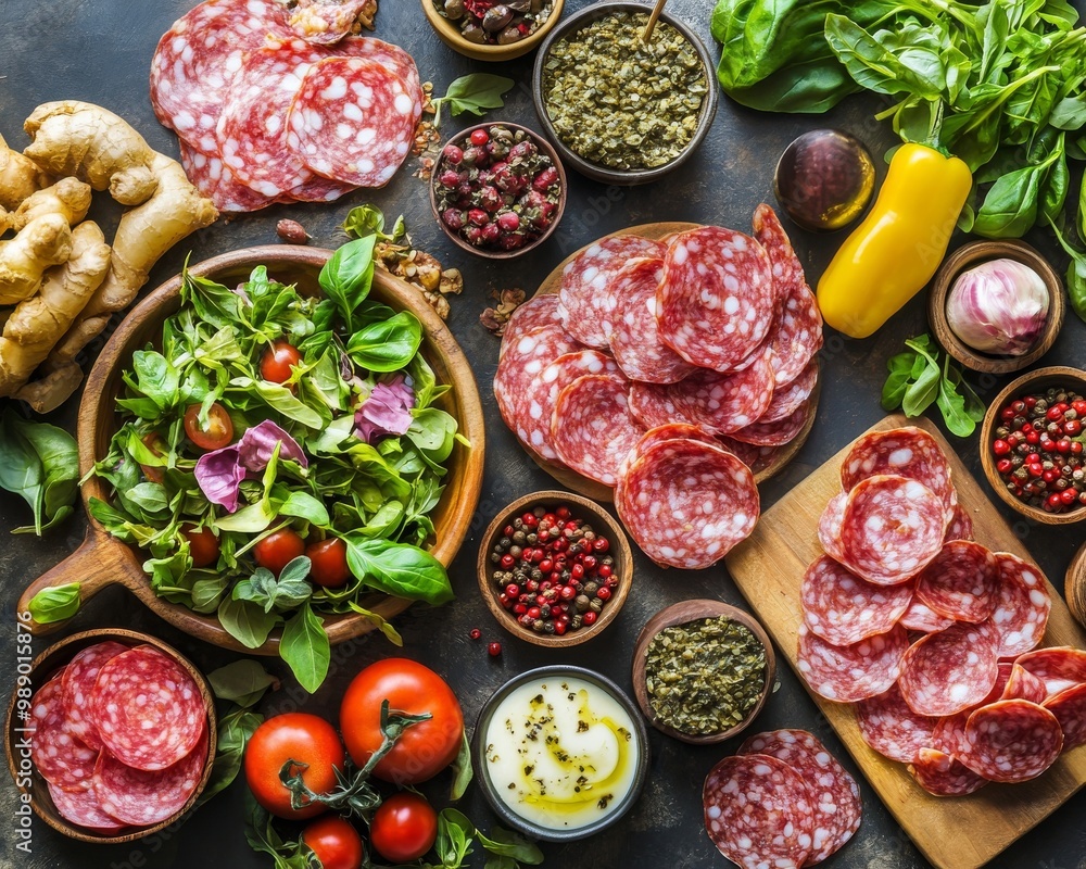 An inviting spread of fresh ingredients featuring sliced salami, vibrant greens, herbs, and colorful spices. An inviting spread of fresh ingredients featuring sliced salami, vibrant greens, herbs, and colorful spices.