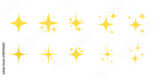 Sparkling star icons set. Set of yellow sparkle star icons. Rating star. Bright vector stars. Flash, shine sparkle icon, glare, light, blink star. Modern simple golden stars collection. 