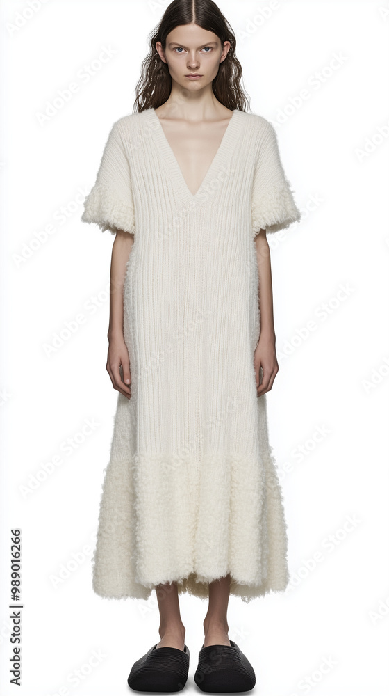Studio photo of a girl in white long sweater Studio photo of a girl in white long sweater