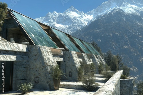 Modern eco-friendly homes nestled against a stunning snowy mountain backdrop.