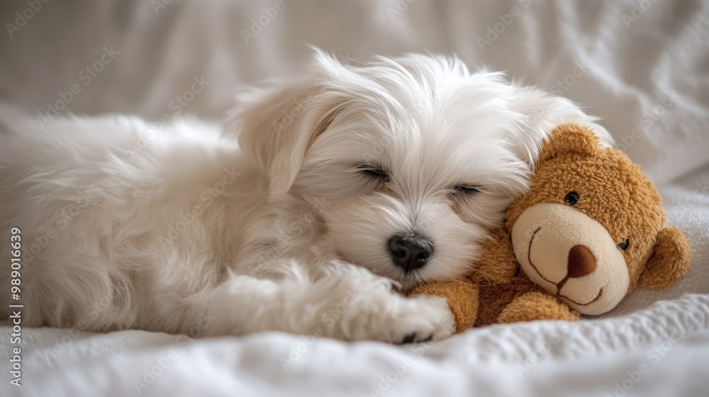Adorable white puppy sleeping with a teddy bear on a cozy white blanket, showcasing a peaceful and heartwarming moment of rest. Adorable white puppy sleeping with a teddy bear on a cozy white blanket, showcasing a peaceful and heartwarming moment of rest.