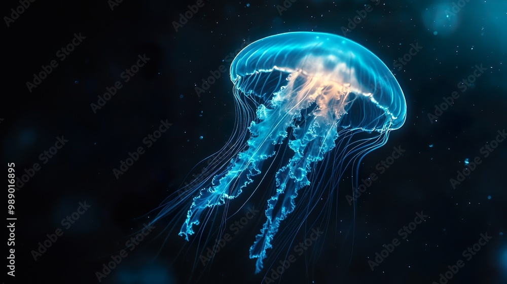 Surreal seascape featuring glowing jellyfish pulsing in dark ocean picture Surreal seascape featuring glowing jellyfish pulsing in dark ocean picture