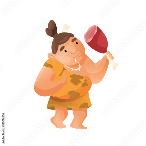 Female person aveman takes a meal. A Neanderthal woman wearing hide clothes eating a large ham. Vector character in cartoon style on white background.