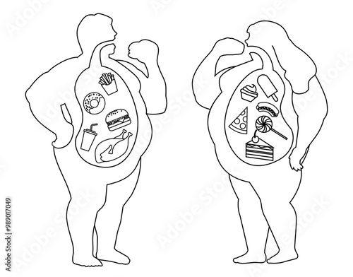 Large fat man and woman with excess body weight outline silhouette eating junk fast food and sweets having bad habit suffering from obesity vector illustration