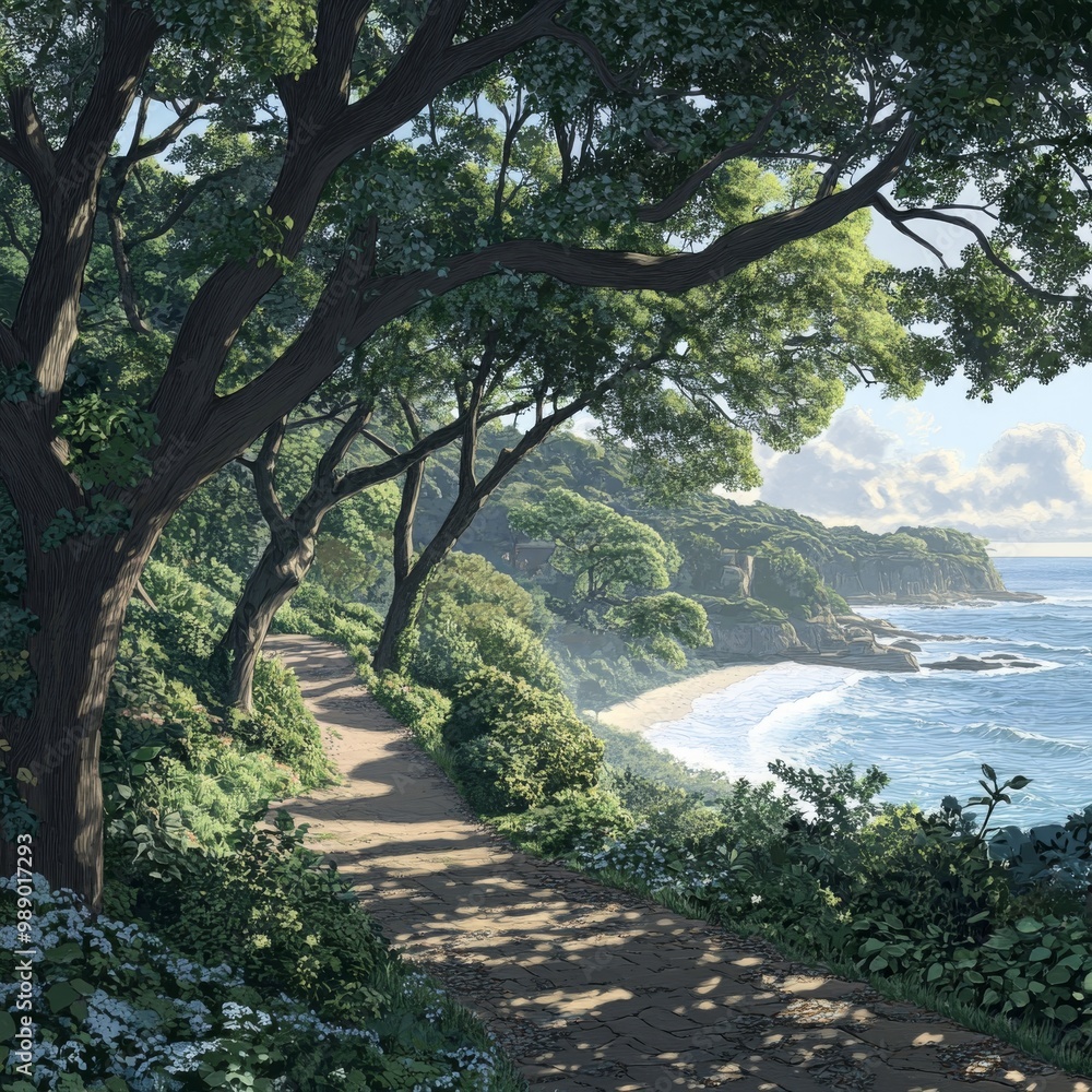 Serene coastal pathway lined with lush greenery and vibrant trees, inviting tranquility and natural beauty. Serene coastal pathway lined with lush greenery and vibrant trees, inviting tranquility and natural beauty.