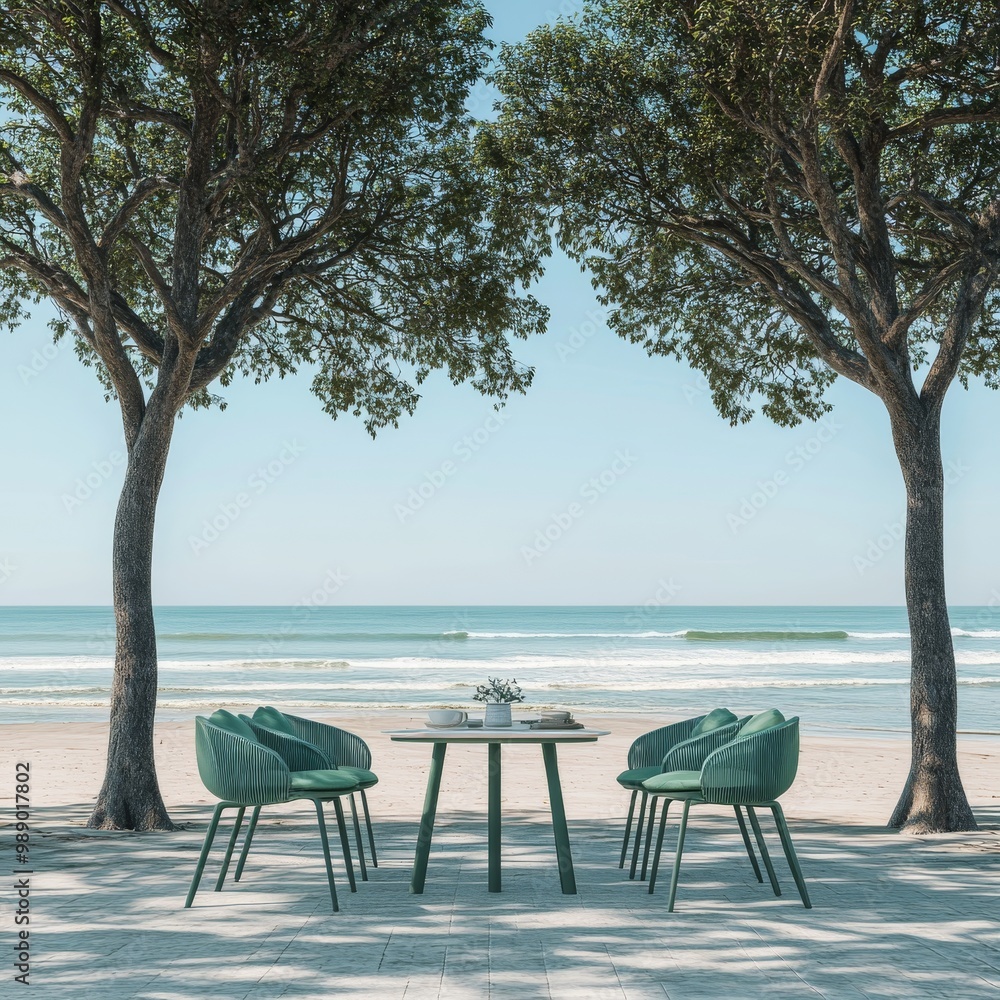 A serene beachside dining setup featuring four green chairs and a table under two trees, with gentle waves in the background. A serene beachside dining setup featuring four green chairs and a table under two trees, with gentle waves in the background.