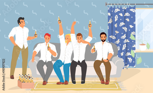 Company of male friends drinking alcohol spending time together celebrating bachelors party or holiday event at home vector illustration