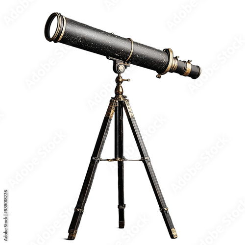 Vintage brass telescope on a tripod used for astronomical observation on transparent background photo