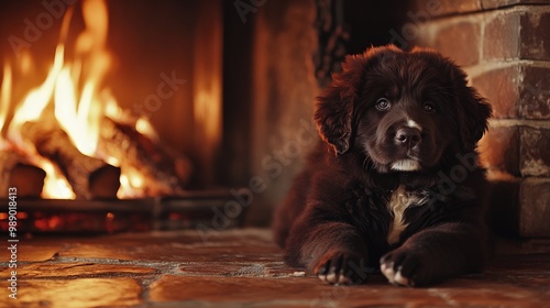 Cozy image of a fluffy brown puppy laying by a warm fireplace with a brick background, perfect for themes of comfort and relaxation.