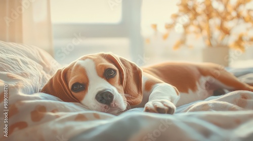 Cute beagle puppy lying on a cozy bed in a sunlit room, creates a warm and peaceful atmosphere. Perfect for pet lovers and home decor themes. photo