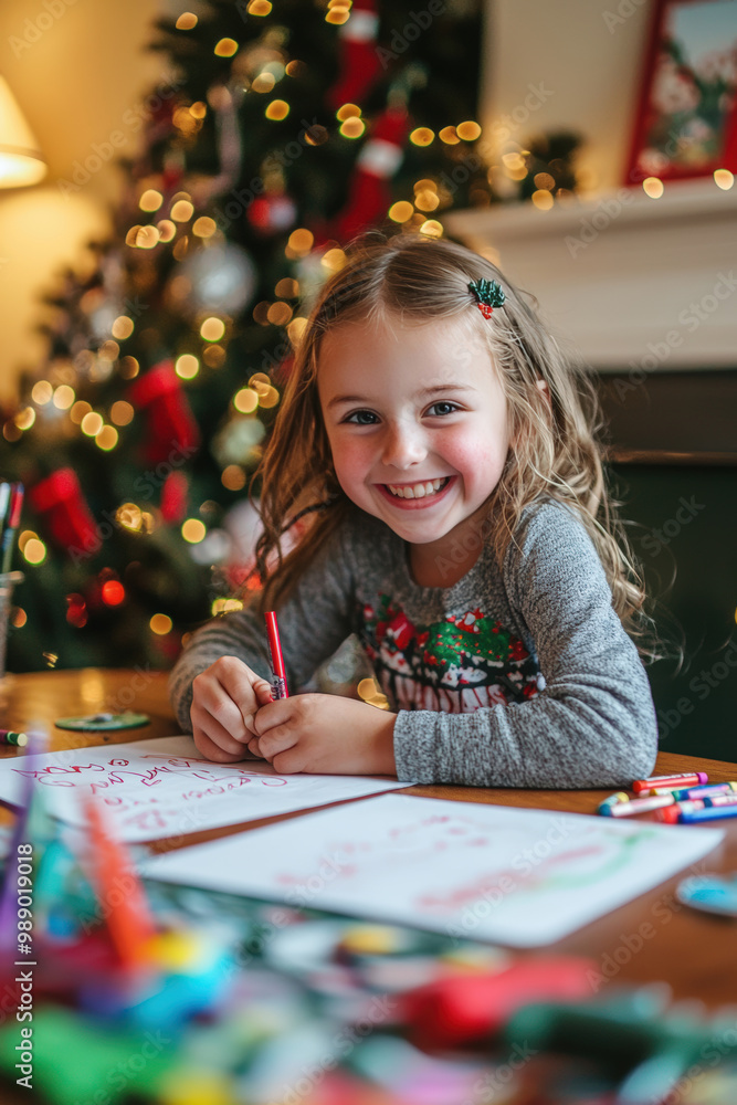 Joyful Child Writing a Letter to Santa Claus Surrounded by Christmas Decorations Joyful Child Writing a Letter to Santa Claus Surrounded by Christmas Decorations