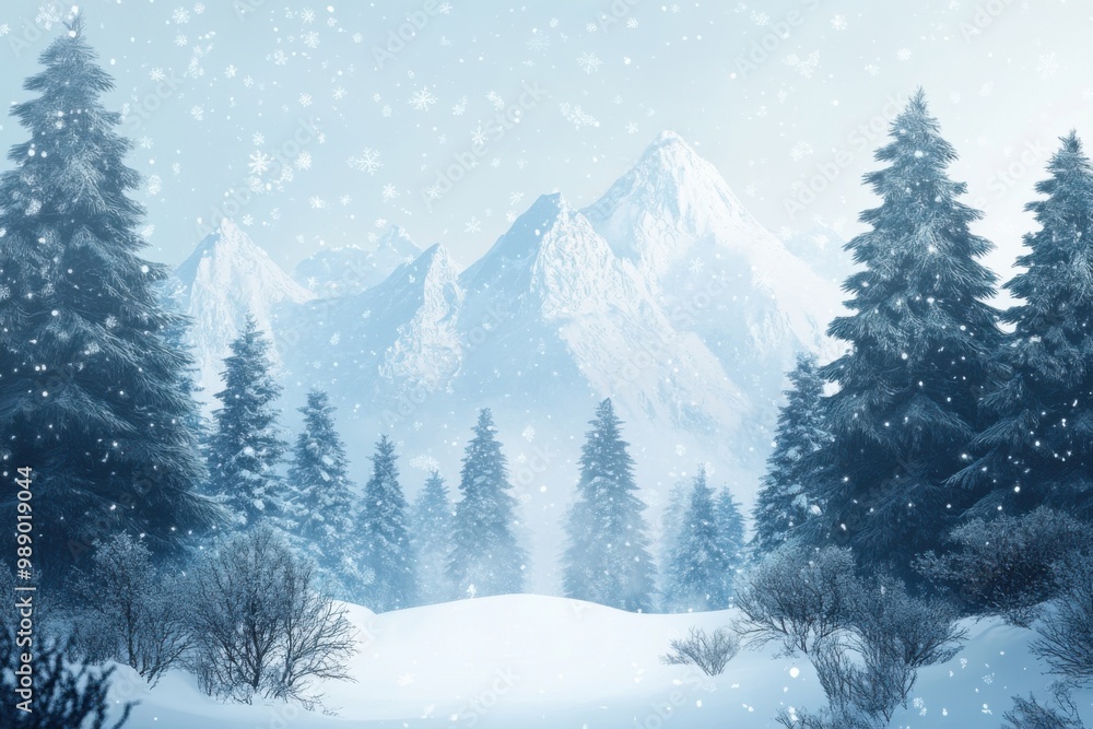 Naklejka premium Snowy Mountain Peaks and Forest Under Clear Winter Sky