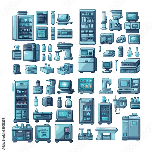 Laboratory equipment cartoon vector set. Cryogenic chamber glass flasks microscope cryo camera digital screen devices low temperature refrigeration research scientific technical isolated artworks