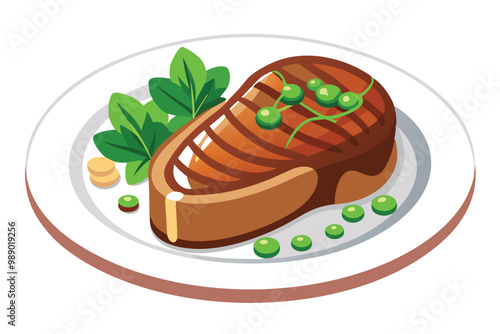 Grilled Steak with Parsley and Peas on Plate, illustration on white background.