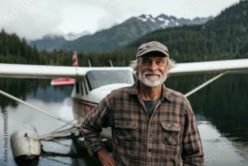 Veteran pilot stands next to a seaplane in front of a stunning lake with mountainous backdrop, representing exploration and the rugged beauty of nature. photo