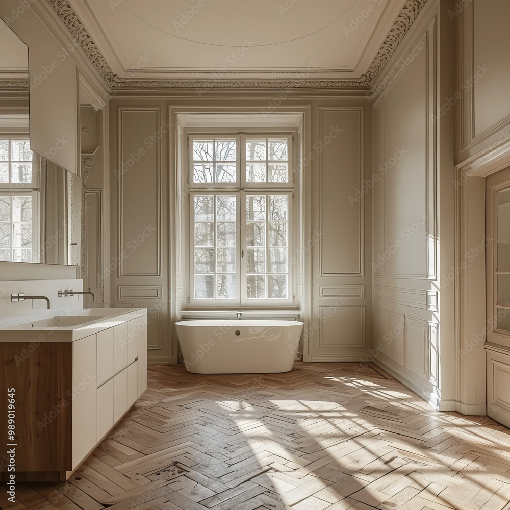 Fototapeta premium A simple, spacious bathroom in 19th century mansion features elegant design elements, natural light streaming through large windows, and stylish freestanding bathtub