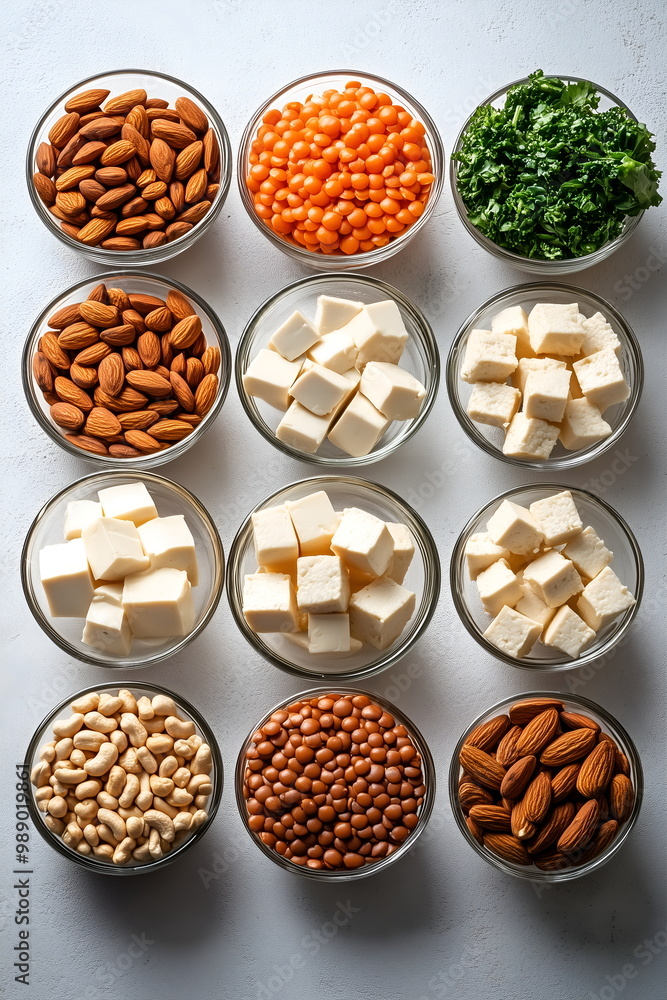 A modern, minimalist kitchen table with vegan protein sources like tofu, lentils, and nuts A modern, minimalist kitchen table with vegan protein sources like tofu, lentils, and nuts