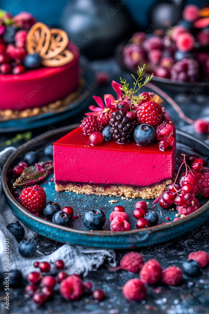 A dessert slice of raw vegan cheesecake with fresh berries and a drizzle of fruit sauce A dessert slice of raw vegan cheesecake with fresh berries and a drizzle of fruit sauce