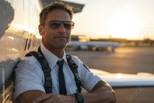 A pilot in uniform leans confidently against a jet on the runway, illuminated by the warm glow of sunset, symbolizing ambition and the pursuit of dreams. photo