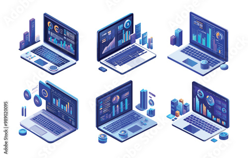 Laptop analytics isometric vector concepts. Notebook chart bars graphic diagrams graphs data columns business indicators screens, strategy enterprise financial statistic information research isolated