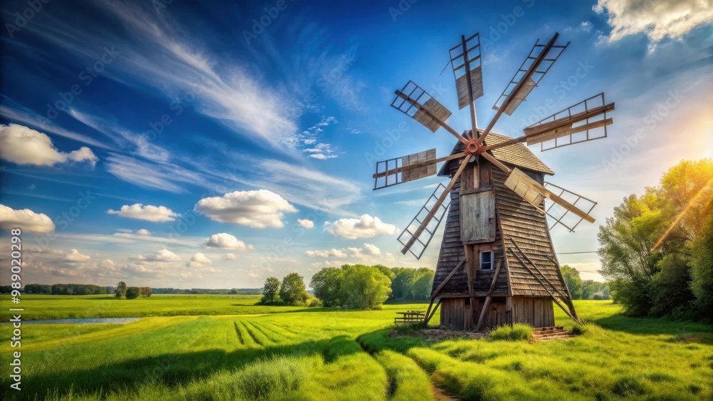 An old wooden windmill standing tall in the distance behind a lush green field, under a bright blue sunny sky An old wooden windmill standing tall in the distance behind a lush green field, under a bright blue sunny sky