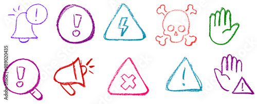 Alert Related Icon Crayon Chalk Drawing Vector Set