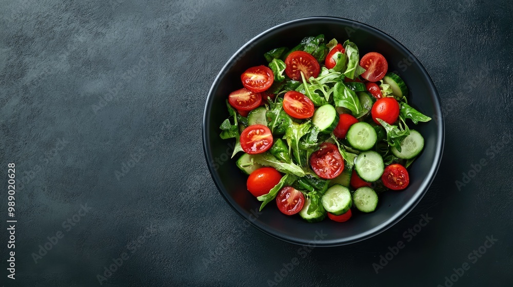 Top view of a bowl of fresh salad with tomatoes and cucumbers, room for text in the center Top view of a bowl of fresh salad with tomatoes and cucumbers, room for text in the center