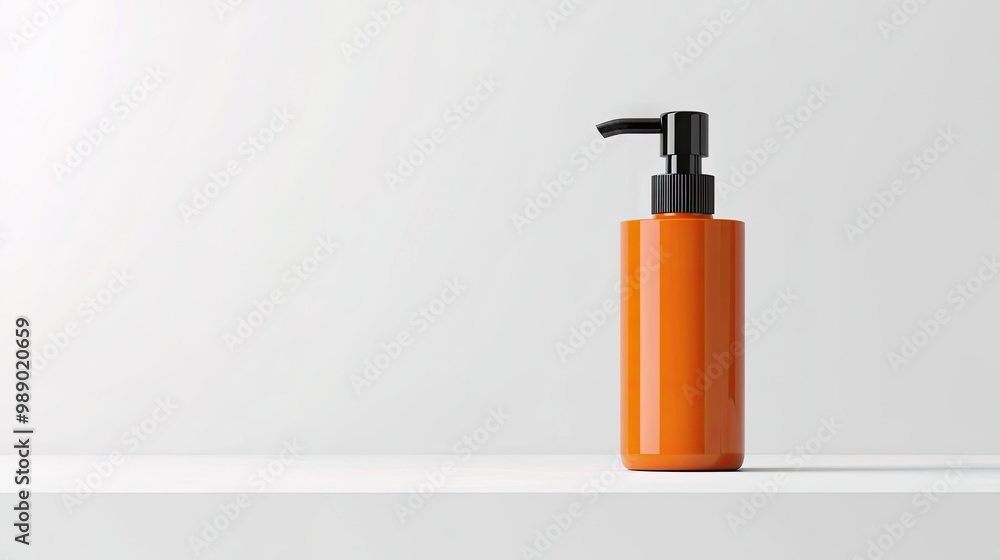 A minimalist orange cosmetic bottle with a pump A minimalist orange cosmetic bottle with a pump