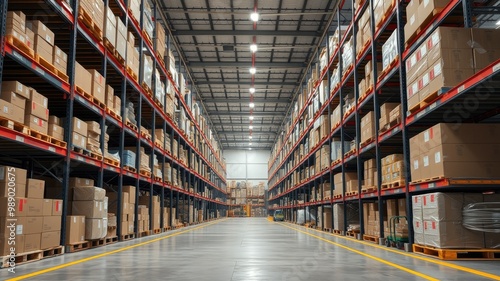Warehouse images, Modern Industrial Warehouse with Shelves of Stocked Goods, warehouse shelves with boxes