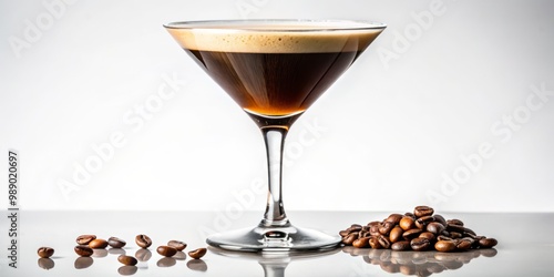 Sleek cocktail glass holds a freshly brewed espresso martini, elegantly garnished with a coffee bean, isolated on a pure white background
