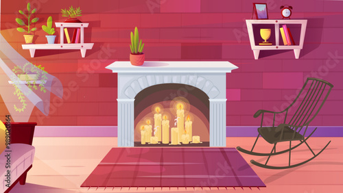 Cozy comfortable home living room interior with burning candle and fireplace cartoon vector illustration