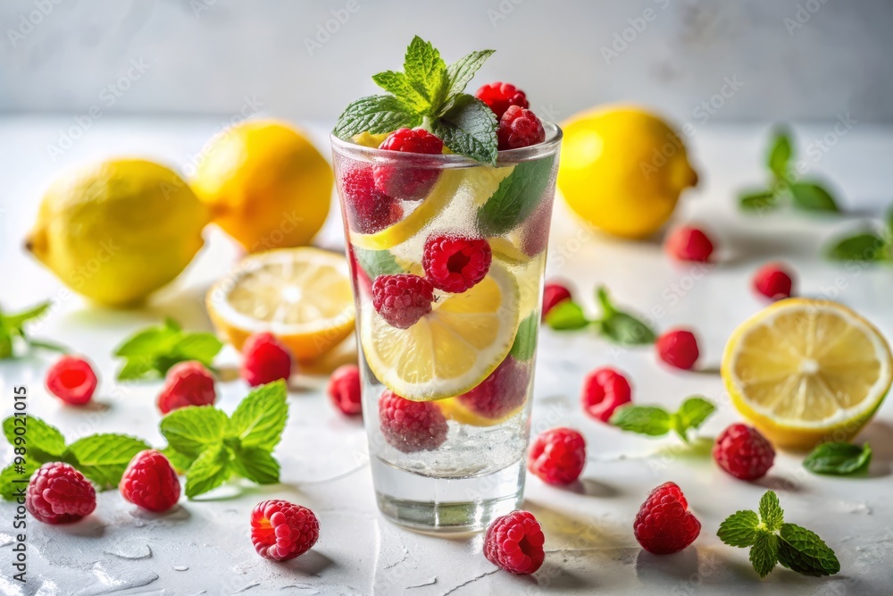 Fresh raspberries and lemon slices float on top of a refreshing drink surrounded by sprigs of green mint leaves in a tall transparent glass on a white background with bright sunlight pouring in. Fresh raspberries and lemon slices float on top of a refreshing drink surrounded by sprigs of green mint leaves in a tall transparent glass on a white background with bright sunlight pouring in.