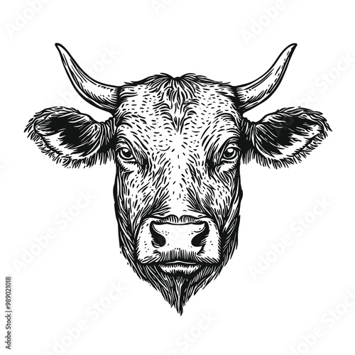 Cow head hand drawn sketch logo, black and white engraving illustration style, vector