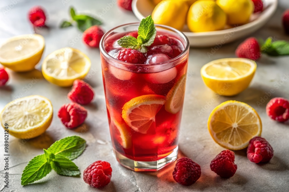 Iced raspberry tea sits on a white background, garnished with fresh raspberries and a lemon slice, illuminated by soft natural light, evoking a refreshing summer mood. Iced raspberry tea sits on a white background, garnished with fresh raspberries and a lemon slice, illuminated by soft natural light, evoking a refreshing summer mood.