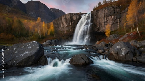 Waterfall in autumn nature, panoramic outdoor landscape, rocky river travel photo