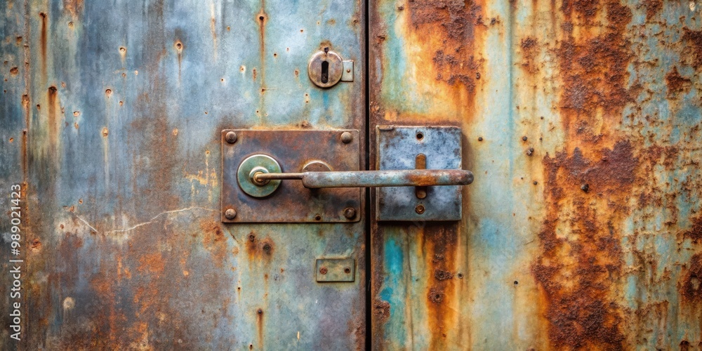 Closeup of a weathered steel door with scratches, locks, and handle Closeup of a weathered steel door with scratches, locks, and handle