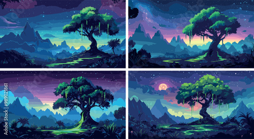 Magic slime dripping night tree cartoon vector concepts. Meadow field rocky grass mountains log plant moonlight twilight landscape danger toxic poison wood timber flora fantasy artworks