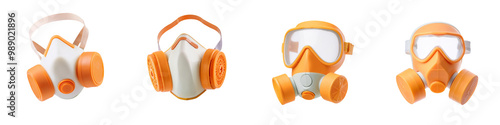 Collection of protective gas masks with orange accents on a transparent isolated background. photo