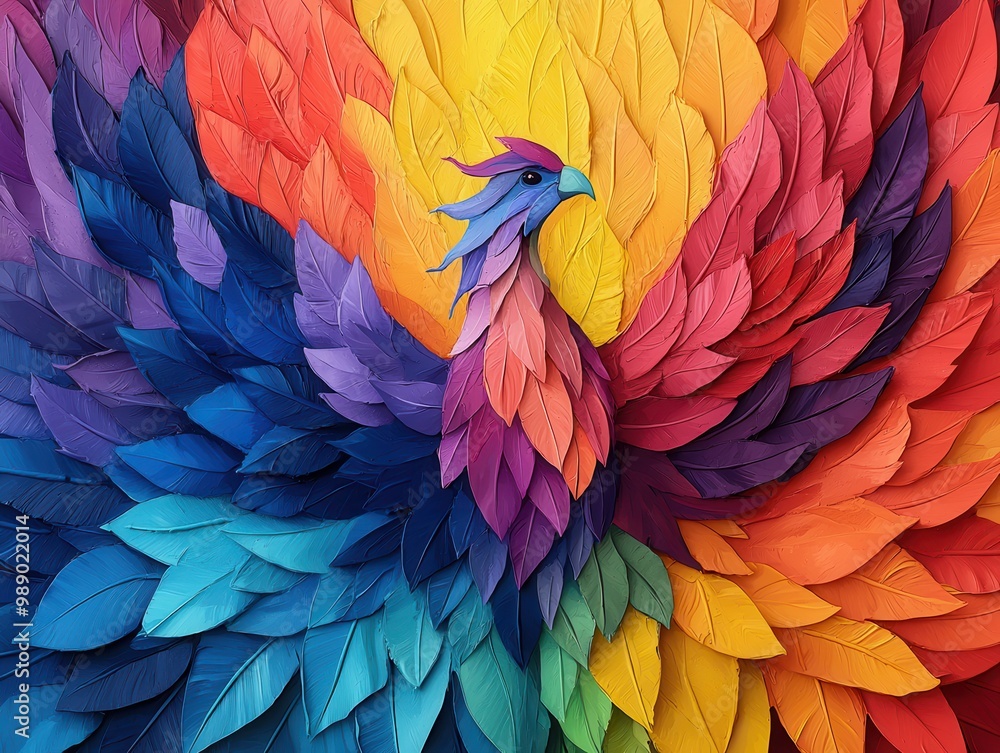 Obraz premium Vibrant phoenix made from colorful leaves, symbolizing rebirth and creativity, perfect for artistic projects.