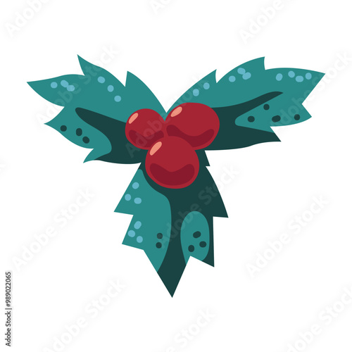 Red Christmas holly berries with leaves vector cartoon illustration.