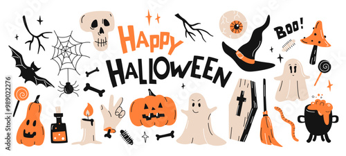 Cute Halloween set. Trendy spooky characters. Pumpkin, zombie hand, web, bat, coffin, broom, ghost, skull, candy, witch potion. Hand drawn vector illustration isolated