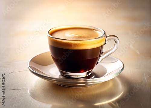 Rich espresso occupies a traditional demitasse cup, perched on a crisp white background, a generous layer of crema crowns the top, warm morning light casts a gentle glow