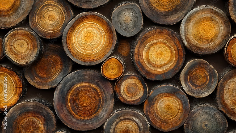 Close up of stacked tree rings, revealing intricate patterns and textures of wood. Close up of stacked tree rings, revealing intricate patterns and textures of wood.