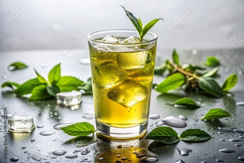 Freshly brewed iced green tea gleams in a transparent glass surrounded by a halo of condensation against a pristine white backdrop.