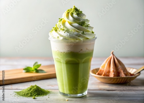 Vibrant green tea frappuccino takes center stage in a clear cup, garnished with a fluffy swirl of whipped cream and a dusting of bright matcha powder, against a pristine white backdrop