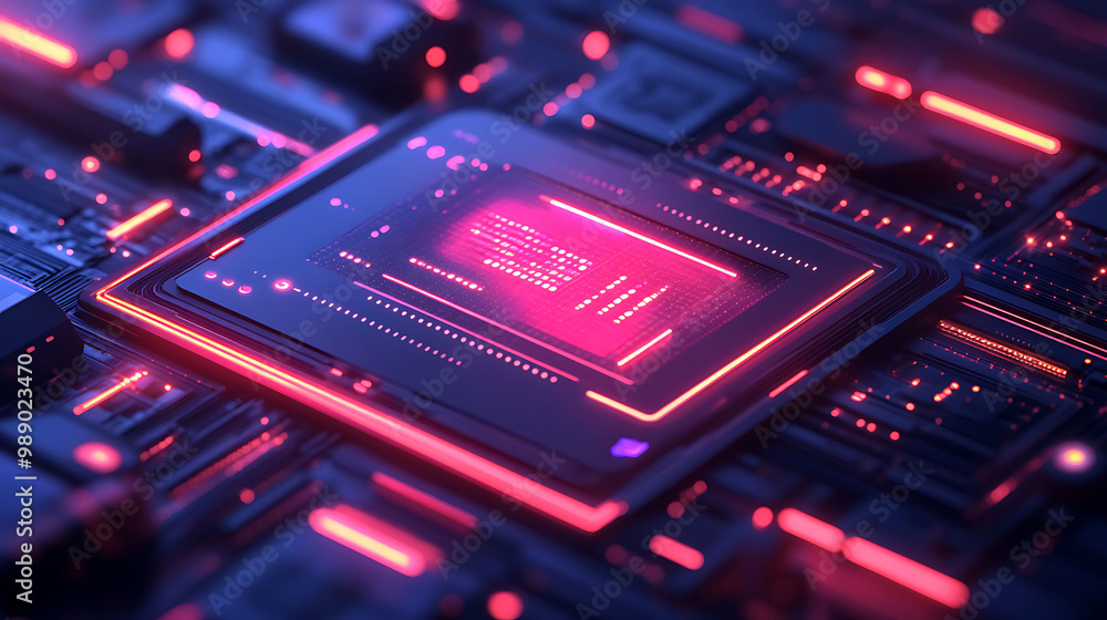 Fototapeta premium Futuristic microchip with glowing red neon circuits, powerful computer processor on motherboard, high tech hardware background for cyber security