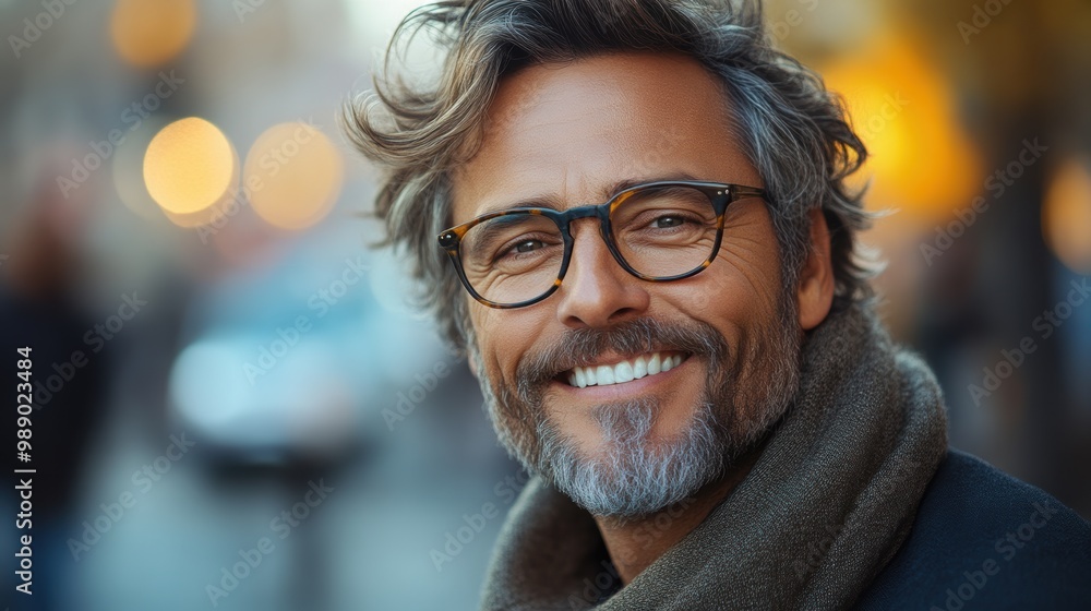 Smiling man with glasses enjoying the city streets at dusk Smiling man with glasses enjoying the city streets at dusk