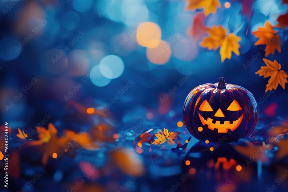 Naklejka premium A glowing jack-o'-lantern amidst swirling autumn leaves on a spooky Halloween night