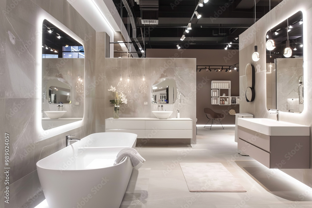 Modern bathroom design features sleek rectangular mirror, elegant bathtub, and stylish fixtures, creating serene and inviting atmosphere Modern bathroom design features sleek rectangular mirror, elegant bathtub, and stylish fixtures, creating serene and inviting atmosphere