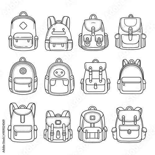 Set of school backpack outline doodle hand drawn vector illustration isolated on white background